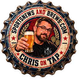Navy and cream bottle cap showing a smiling bearded man in glasses raising a pint of golden beer, with hops and wheat, ringed by "Sports News And Brews" and "Chris on Tap"