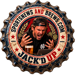 Navy and cream bottle cap showing a fired-up bearded man in a backwards cap and black hoodie shouting, with a beer and a laptop, ringed by "Sports News And Brews" and "Jack'd Up"