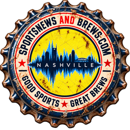 Bright yellow bottle cap with a blue soundwave shaped like the Nashville skyline, ringed by "Sports News And Brews"